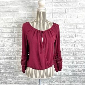 Burgundy Boho Peasant Faux Wrap Top Crochet Accented Sleeve Size Medium